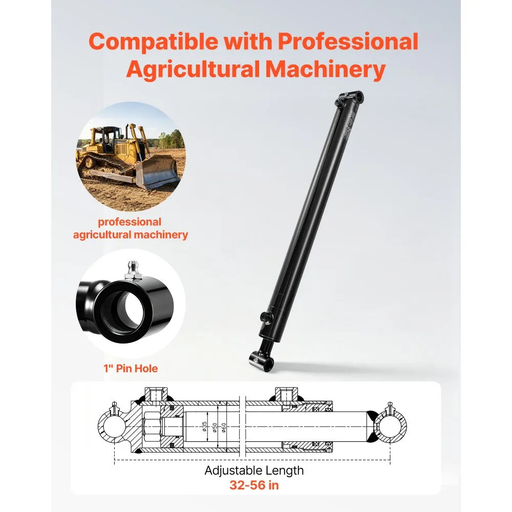 VEVOR Double Acting Hydraulic Cylinder, 2" Bore x 24" Stroke, Max 3500PSI Hydraulic Cylinder, Heavy-Duty Welded Cross Tube Cylinders with 1" Pin Hole & SAE #6 Port for Agricultural Machinery, Tractors