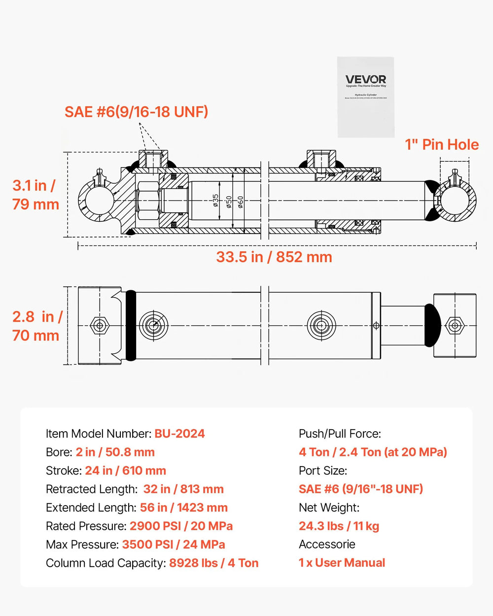 VEVOR Double Acting Hydraulic Cylinder, 2" Bore x 24" Stroke, Max 3500PSI Hydraulic Cylinder, Heavy-Duty Welded Cross Tube Cylinders with 1" Pin Hole & SAE #6 Port for Agricultural Machinery, Tractors