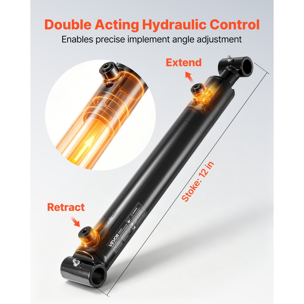VEVOR Double Acting Hydraulic Cylinder, 2" Bore x 12" Stroke, Max 3500PSI Hydraulic Cylinder, Heavy-Duty Welded Cross Tube Cylinders with 1" Pin Hole & SAE #6 Port for Agricultural Machinery, Tractors
