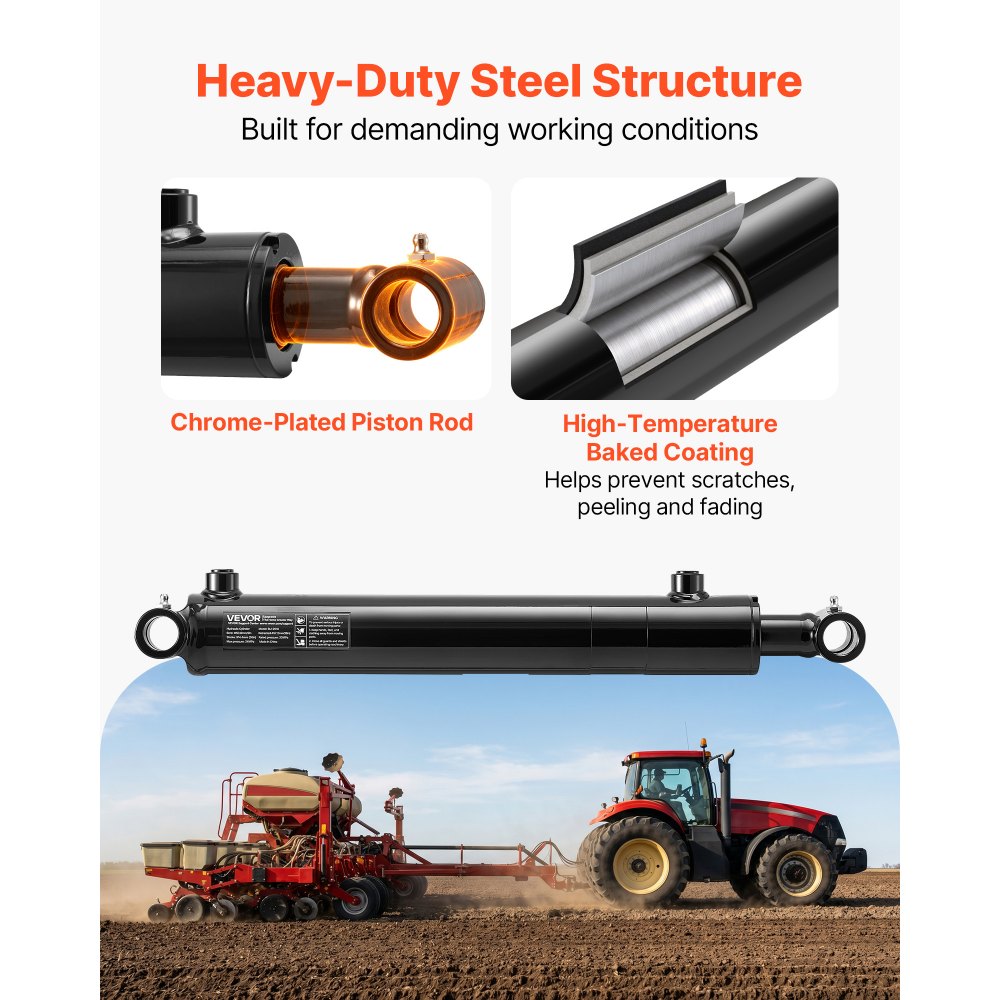 VEVOR Double Acting Hydraulic Cylinder, 2" Bore x 12" Stroke, Max 3500PSI Hydraulic Cylinder, Heavy-Duty Welded Cross Tube Cylinders with 1" Pin Hole & SAE #6 Port for Agricultural Machinery, Tractors