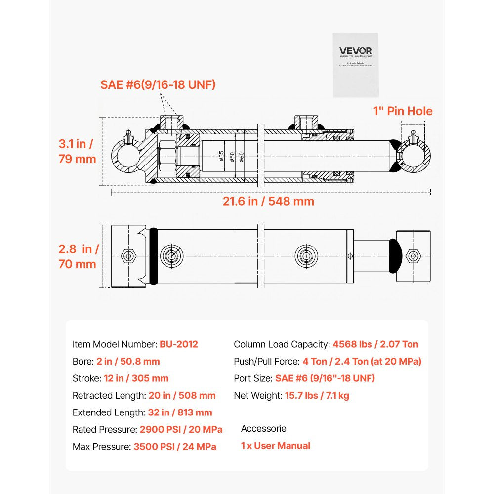 VEVOR Double Acting Hydraulic Cylinder, 2" Bore x 12" Stroke, Max 3500PSI Hydraulic Cylinder, Heavy-Duty Welded Cross Tube Cylinders with 1" Pin Hole & SAE #6 Port for Agricultural Machinery, Tractors