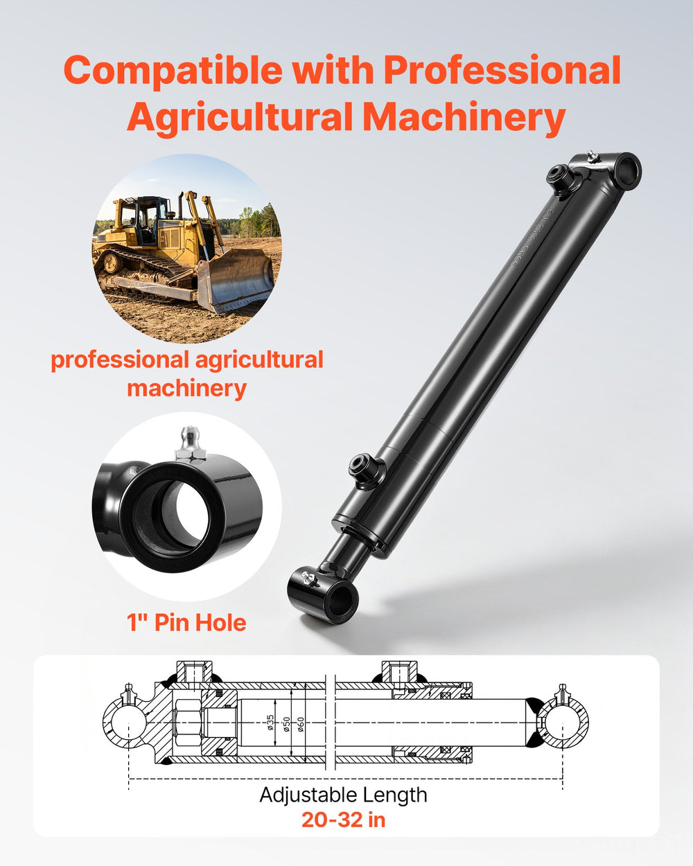 VEVOR Double Acting Hydraulic Cylinder, 2" Bore x 12" Stroke, Max 3500PSI Hydraulic Cylinder, Heavy-Duty Welded Cross Tube Cylinders with 1" Pin Hole & SAE #6 Port for Agricultural Machinery, Tractors