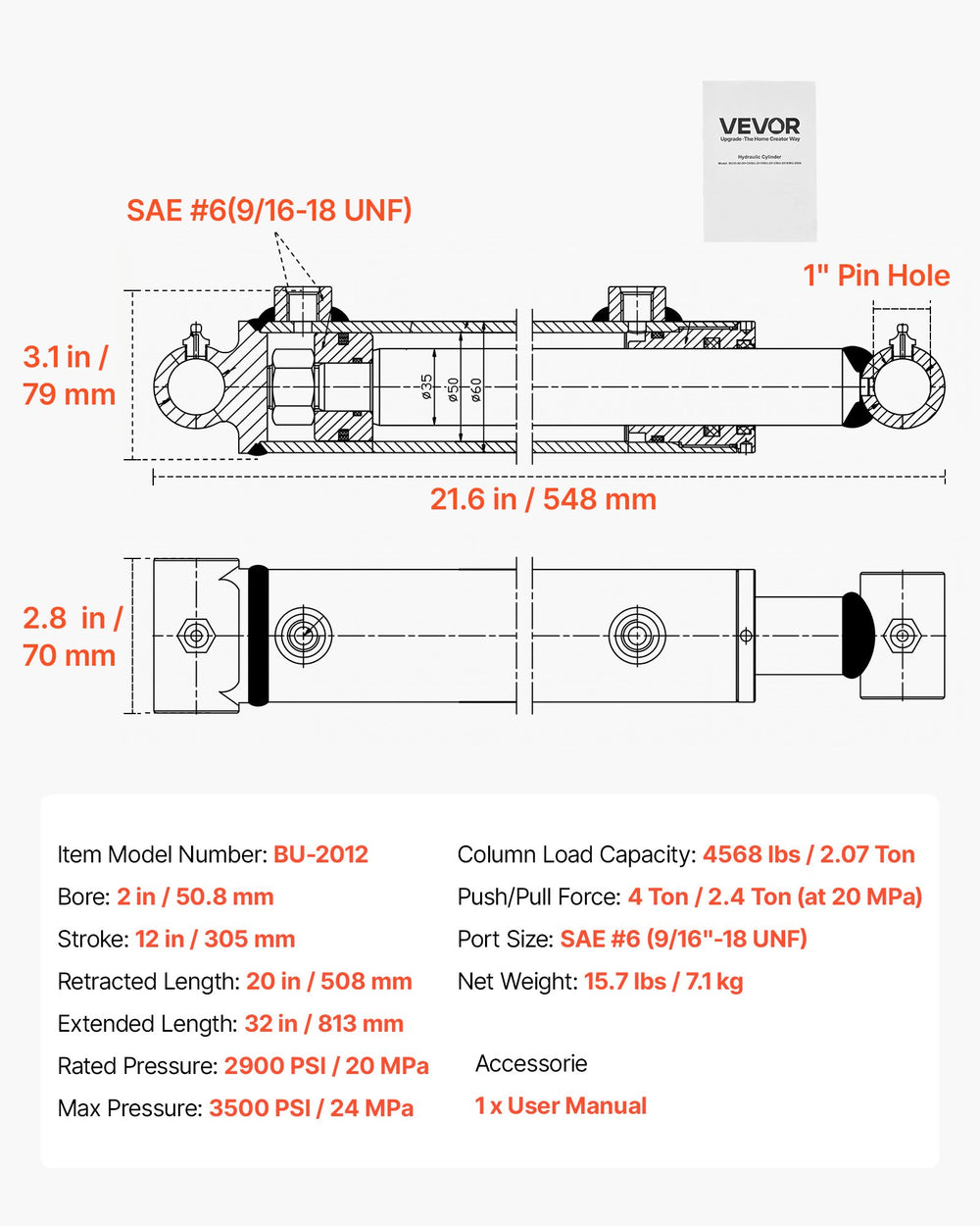 VEVOR Double Acting Hydraulic Cylinder, 2" Bore x 12" Stroke, Max 3500PSI Hydraulic Cylinder, Heavy-Duty Welded Cross Tube Cylinders with 1" Pin Hole & SAE #6 Port for Agricultural Machinery, Tractors