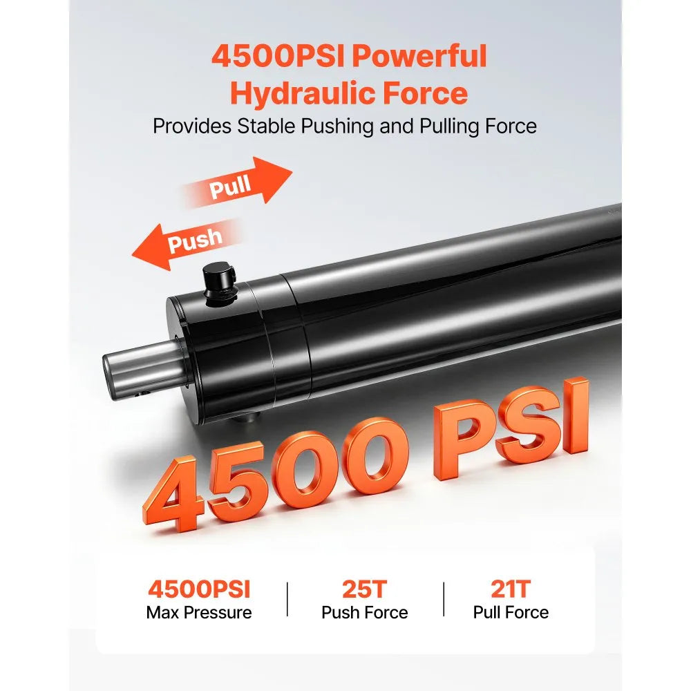 VEVOR Double Acting Hydraulic Cylinder, 5" Bore x 20" Stroke, Max 4500PSI Hydraulic Cylinder, Heavy-Duty Welded Cross Tube Cylinders with 0.63" Pin Hole & SAE #6 Port for Agricultural Machinery, Tractors
