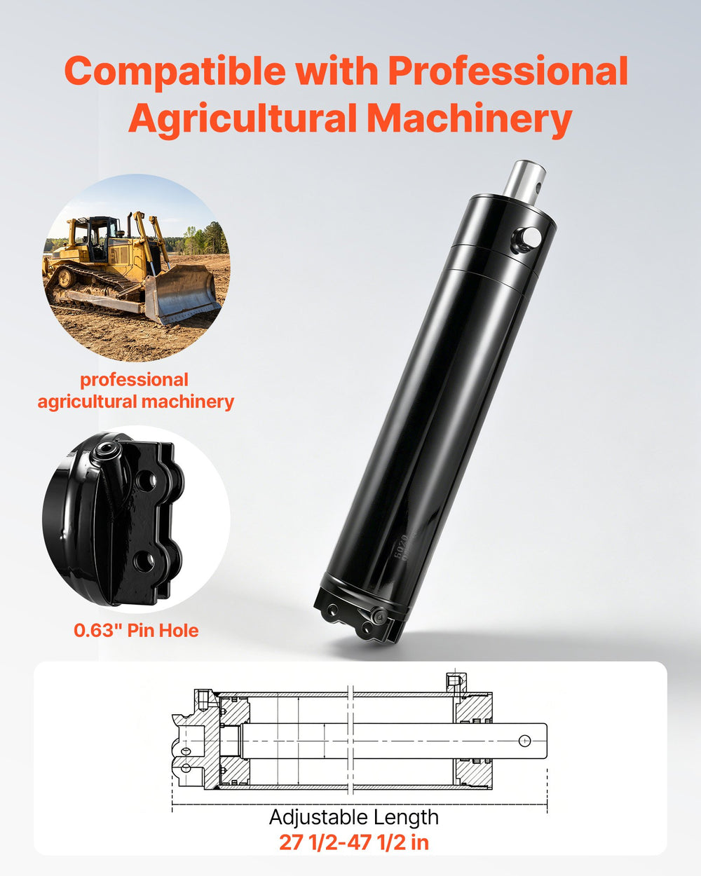 VEVOR Double Acting Hydraulic Cylinder, 5" Bore x 20" Stroke, Max 4500PSI Hydraulic Cylinder, Heavy-Duty Welded Cross Tube Cylinders with 0.63" Pin Hole & SAE #6 Port for Agricultural Machinery, Tractors