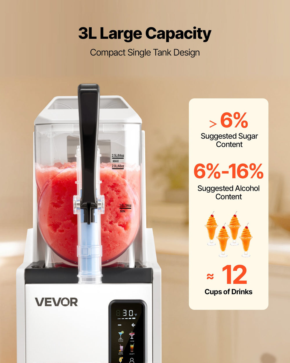 VEVOR Slushie Machine, 3L/100oz No Ice Needed Slushy Machine for Home, Frozen Drink Maker with Single Tank, Margarita Machine with Self-Cleaning, for Frozen Margaritas, Frappés, Milkshake & More