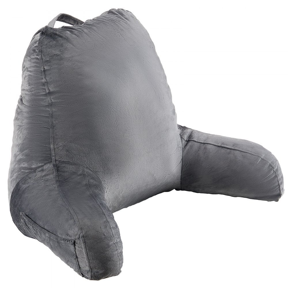 VEVOR Reading Pillow, Large Size Bed Pillow with Shredded Memory Foam, Back Pillow with 3 Pockets and Washable Short Velvet Cloth, Top with Handle, for Watching TV, Reading, Gaming, Resting, Grey