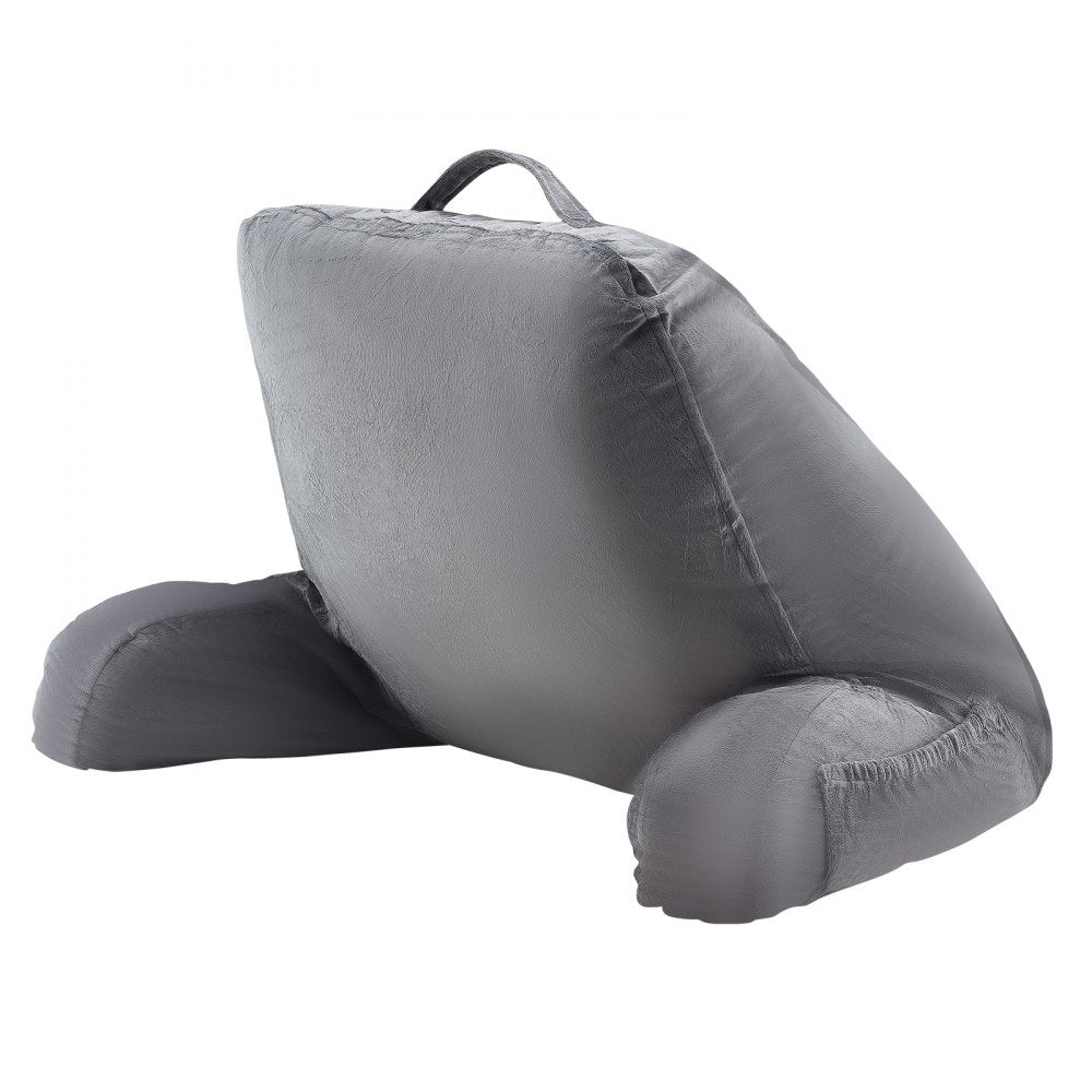 VEVOR Reading Pillow, Large Size Bed Pillow with Shredded Memory Foam, Back Pillow with 3 Pockets and Washable Short Velvet Cloth, Top with Handle, for Watching TV, Reading, Gaming, Resting, Grey