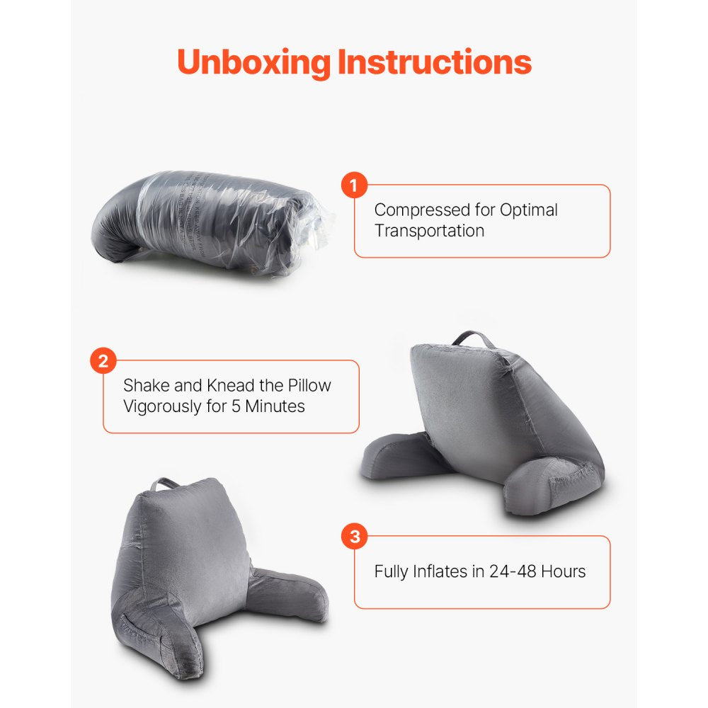 VEVOR Reading Pillow, Standard Size Bed Pillow with Shredded Memory Foam, Back Pillow with 3 Pockets and Washable Short Velvet Cloth, Top with Handle, for Watching TV, Reading, Gaming, Resting, Grey