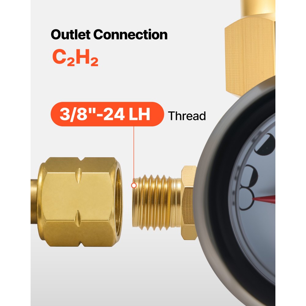 VEVOR CGA520 Acetylene Regulator for B-Type Tanks, AR-B Air Acetylene Regulator Gauge with 3/8"-24 LH Outlet Connection, Heavy-Duty Brass Body for Welding Brazing Applications