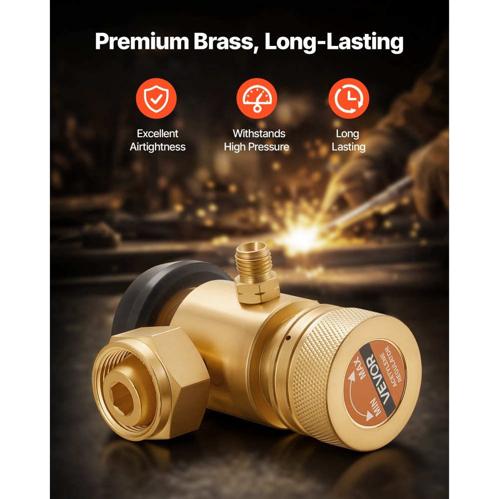 VEVOR CGA520 Acetylene Regulator for B-Type Tanks, AR-B Air Acetylene Regulator Gauge with 3/8"-24 LH Outlet Connection, Heavy-Duty Brass Body for Welding Brazing Applications