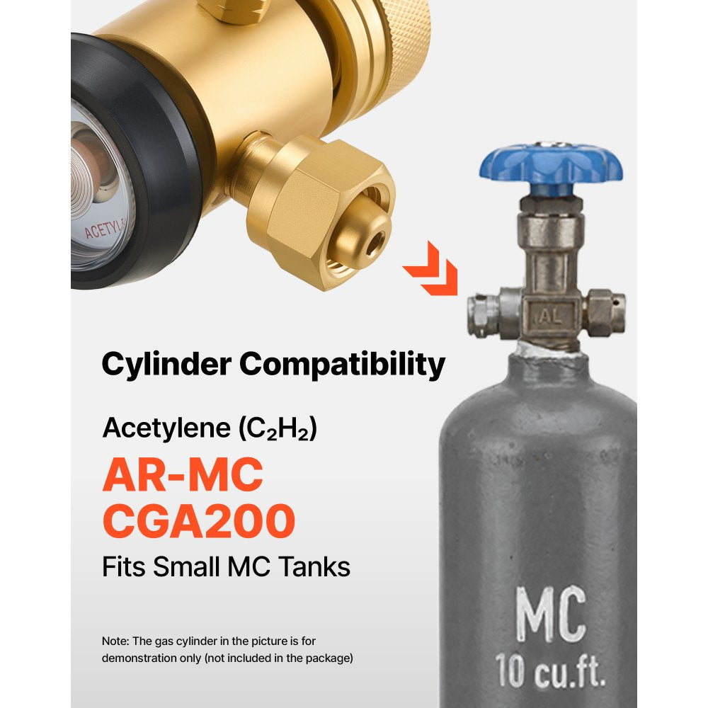 VEVOR CGA200 Acetylene Regulator for Small MC Tanks, AR-MC Air Acetylene Regulator Gauge with 3/8"-24 LH Outlet Connection, Heavy-Duty Brass Body for Welding Brazing Applications