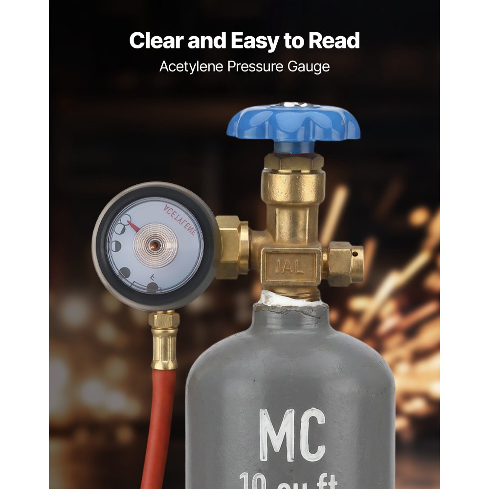 VEVOR CGA200 Acetylene Regulator for Small MC Tanks, AR-MC Air Acetylene Regulator Gauge with 3/8"-24 LH Outlet Connection, Heavy-Duty Brass Body for Welding Brazing Applications
