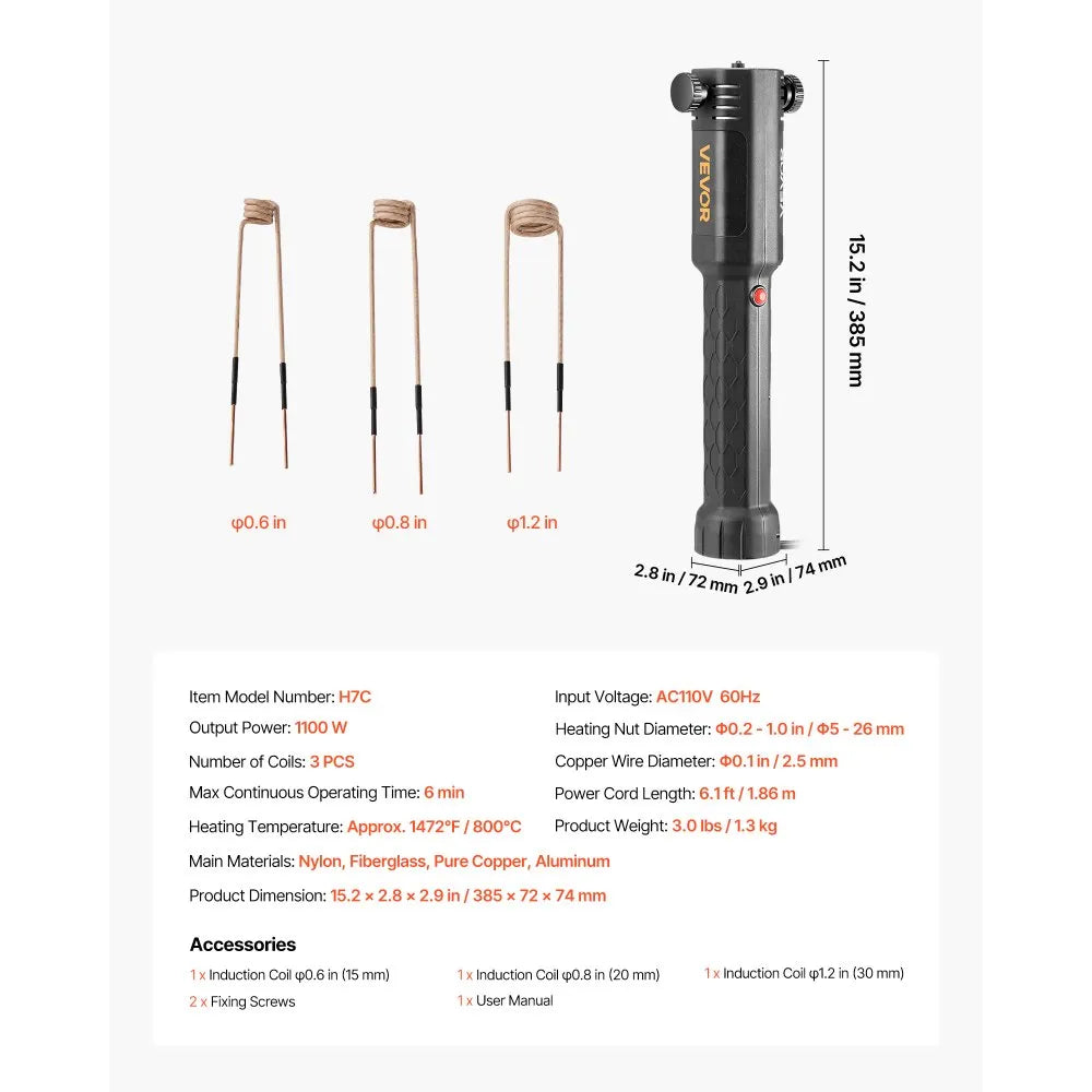 VEVOR Induction Heater Bolt Removal, 1100W 110V Magnetic Induction Heater Kit, Handheld Nut Buster Tool, Mini Heating Machine for Rusty Screw Removing, Car Garage Repairing Tools with 3 Coil