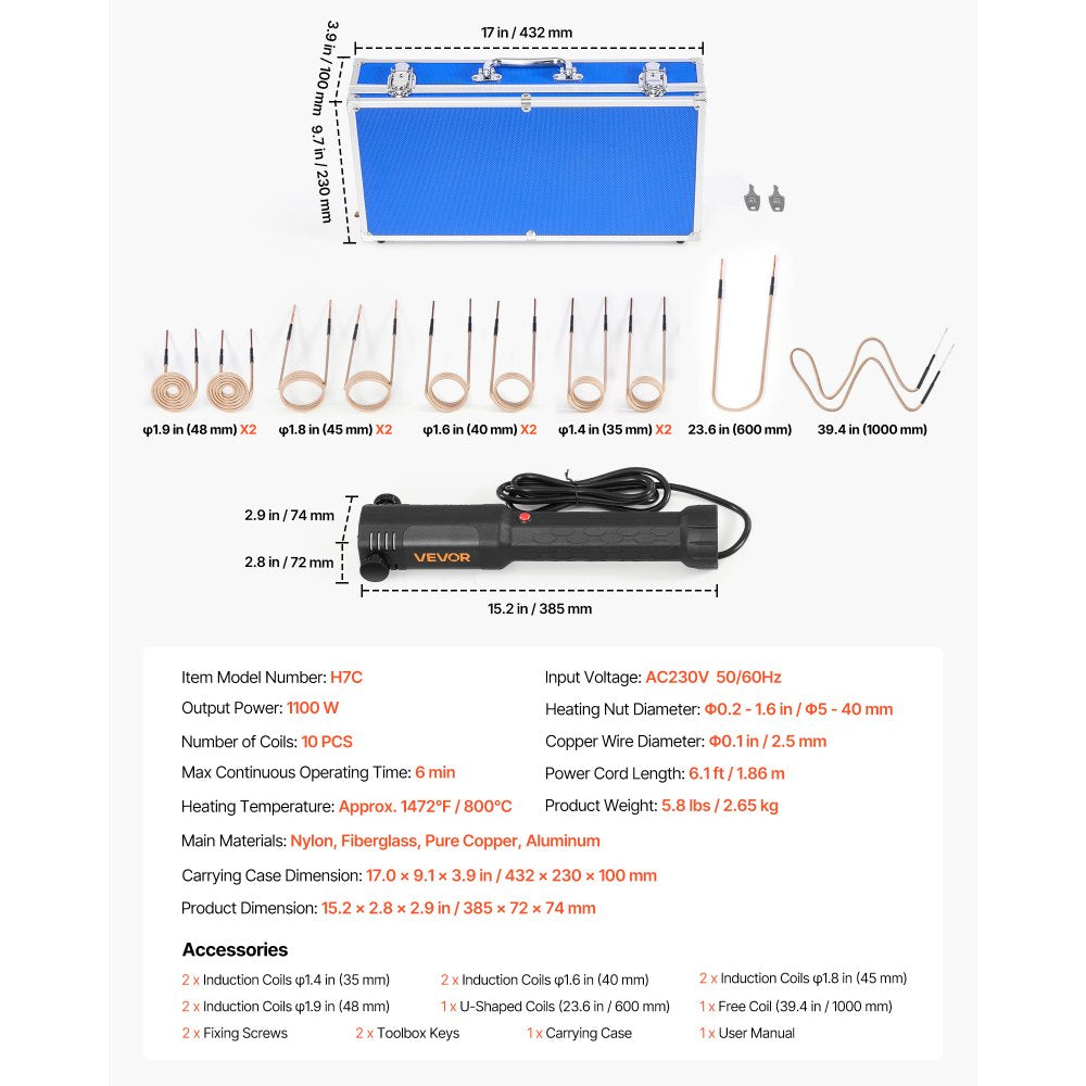 VEVOR Induction Heater Bolt Removal, 1100W 110V Magnetic Induction Heater Kit, Handheld Nut Buster Tool, Mini Heating Machine for Rusty Screw Removing, Car Garage Repairing Tools with 10 Coil and Box