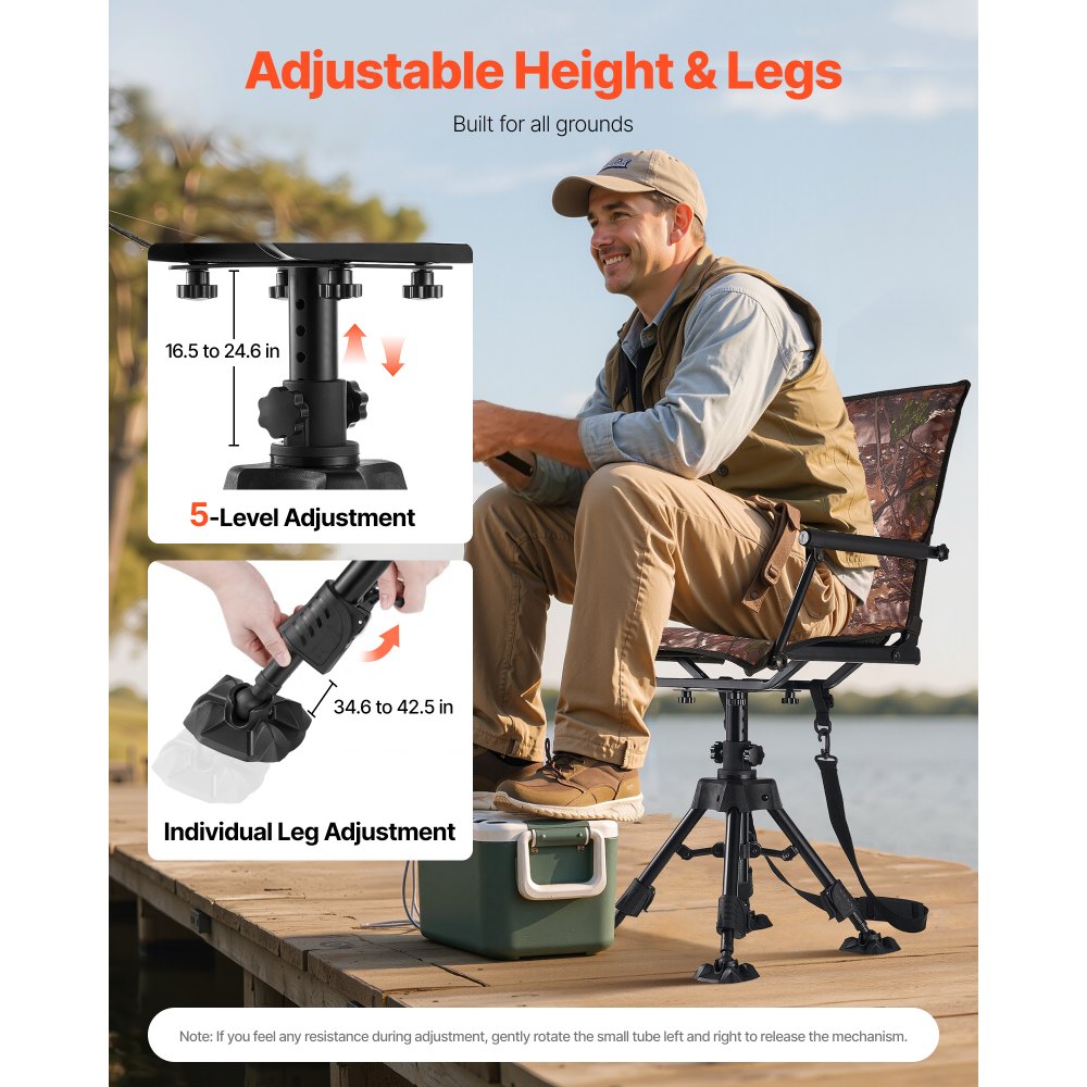 VEVOR Hunting Chair, 360° Silent Swivel, Foldable Portable Blind Chair, Heavy-Duty Steel Frame Ground Stool Seat, with Armrests, Cover, Anti-Sink Feet, Height Adjustable, 350 Lbs Capacity for Camping