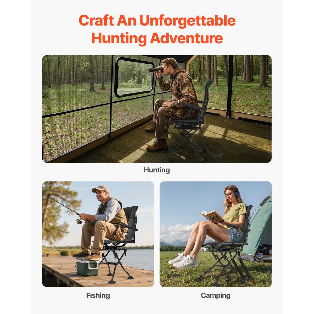VEVOR Hunting Chair, 360° Silent Swivel, Foldable Portable Blind Chair, Heavy-Duty Steel Frame Ground Stool Seat, with Armrests, Adjustable Carry Strap, Anti-Sink Feet, 300 Lbs Capacity for Fishing