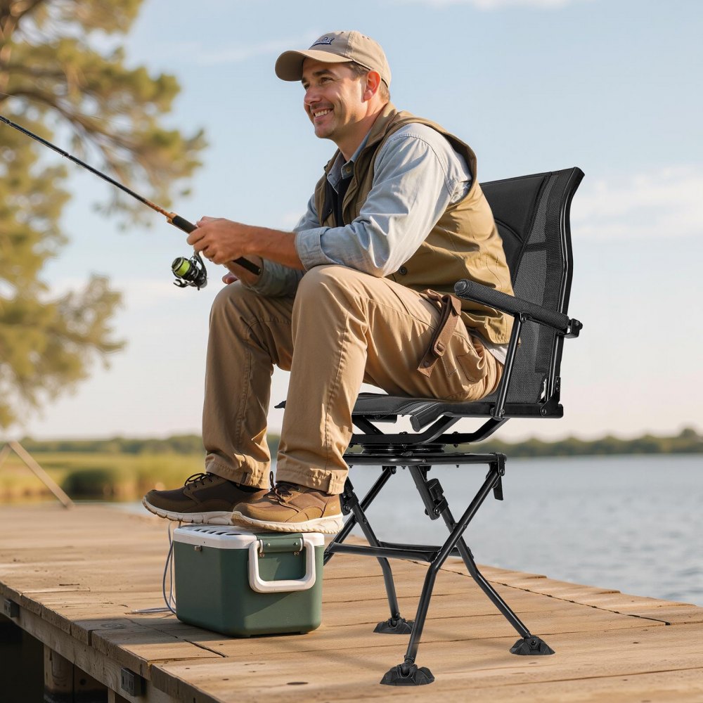 VEVOR Hunting Chair, 360° Silent Swivel, Foldable Portable Blind Chair, Heavy-Duty Steel Frame Ground Stool Seat, with Armrests, Adjustable Carry Strap, Anti-Sink Feet, 300 Lbs Capacity for Fishing