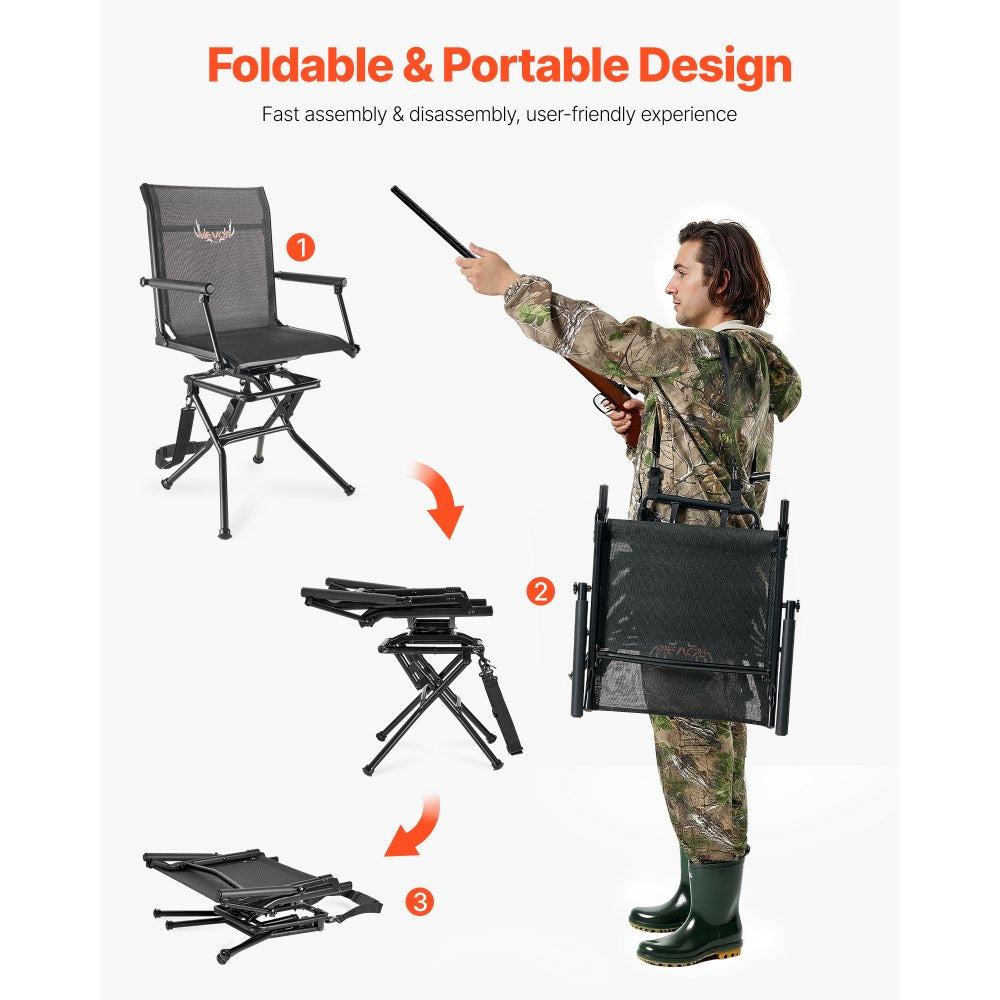 VEVOR Hunting Chair, 360° Silent Swivel, Foldable Lightweight Portable Blind Chair, Heavy-Duty Steel Frame Ground Stool Seat, with Armrest, Adjustable Carry Strap, 300 Lbs Capacity for Fishing Camping