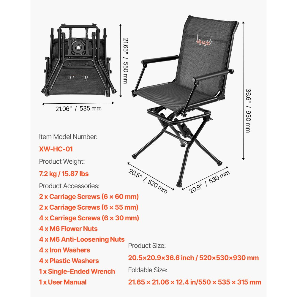 VEVOR Hunting Chair, 360° Silent Swivel, Foldable Lightweight Portable Blind Chair, Heavy-Duty Steel Frame Ground Stool Seat, with Armrest, Adjustable Carry Strap, 300 Lbs Capacity for Fishing Camping