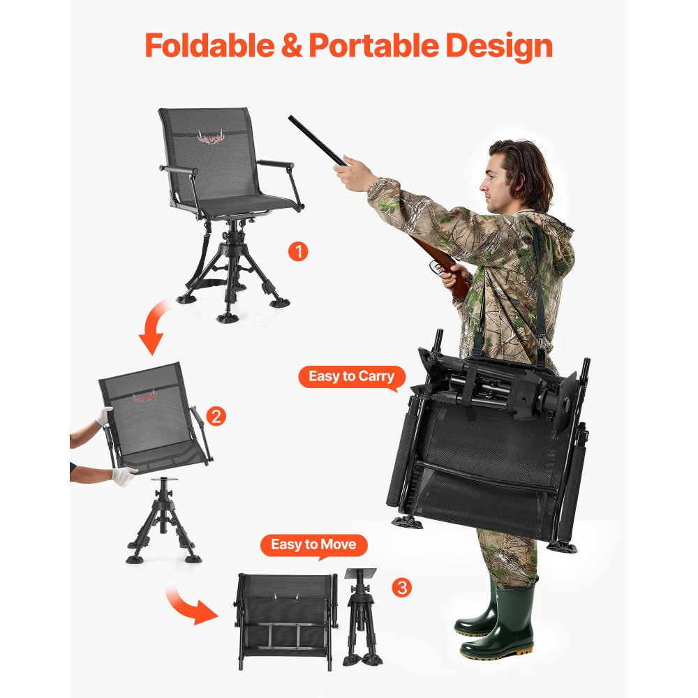 VEVOR Hunting Chair, 360° Silent Swivel, Foldable Portable Blind Chair, Heavy-Duty Steel Frame Ground Stool Seat,with Armrests, Anti-Sink Feet, Height Adjustable, 350 Lbs Capacity for Fishing Camping