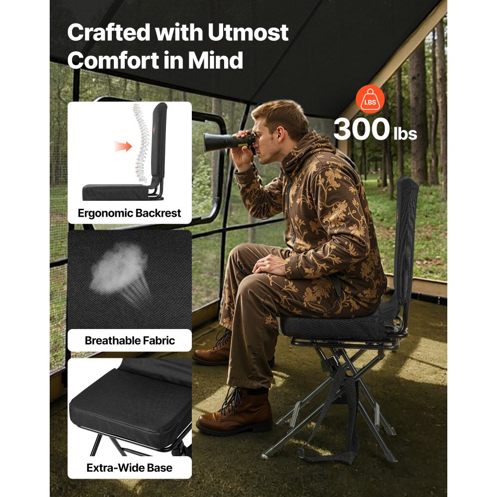 VEVOR Hunting Chair, 360° Silent Swivel, Foldable Lightweight Portable Blind Chair, Heavy-Duty Steel Frame Ground Stool Seat, with Adjustable Shoulder Strap, 300 Lbs Capacity for Fishing, Camping