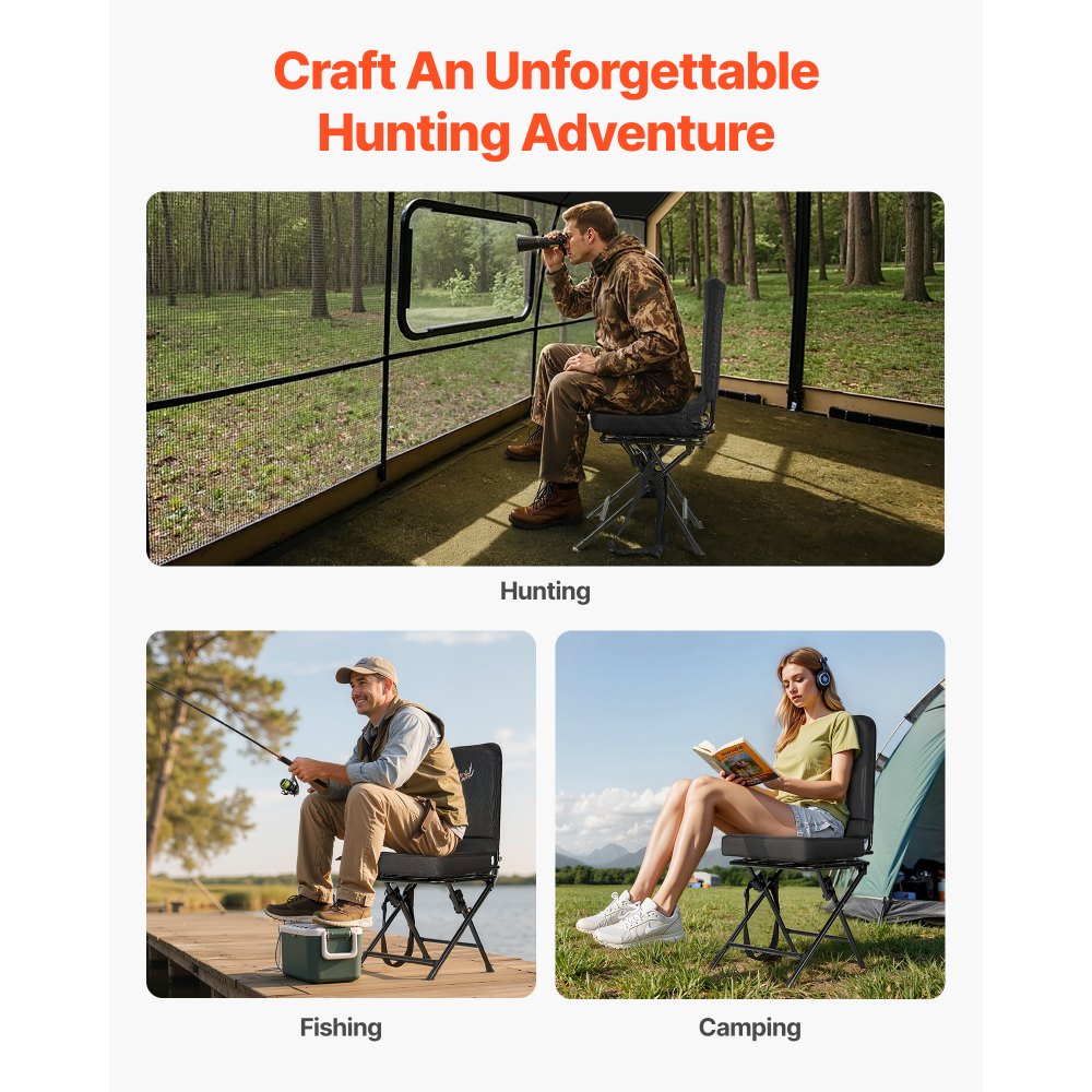 VEVOR Hunting Chair, 360° Silent Swivel, Foldable Lightweight Portable Blind Chair, Heavy-Duty Steel Frame Ground Stool Seat, with Adjustable Shoulder Strap, 300 Lbs Capacity for Fishing, Camping