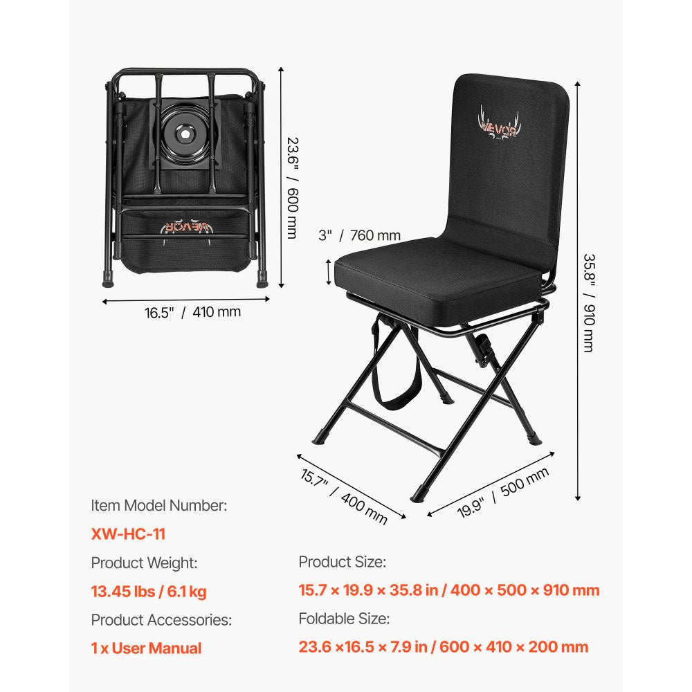 VEVOR Hunting Chair, 360° Silent Swivel, Foldable Lightweight Portable Blind Chair, Heavy-Duty Steel Frame Ground Stool Seat, with Adjustable Shoulder Strap, 300 Lbs Capacity for Fishing, Camping