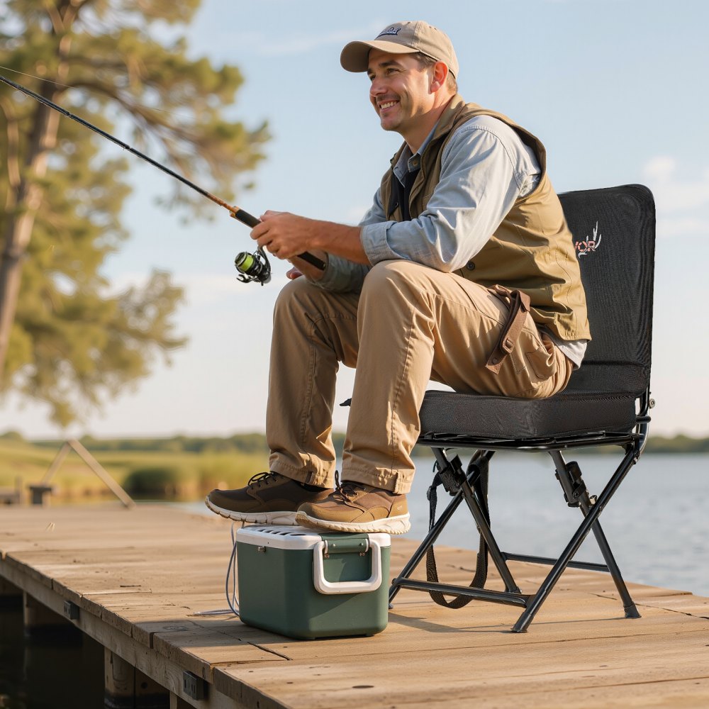 VEVOR Hunting Chair, 360° Silent Swivel, Foldable Lightweight Portable Blind Chair, Heavy-Duty Steel Frame Ground Stool Seat, with Adjustable Shoulder Strap, 300 Lbs Capacity for Fishing, Camping