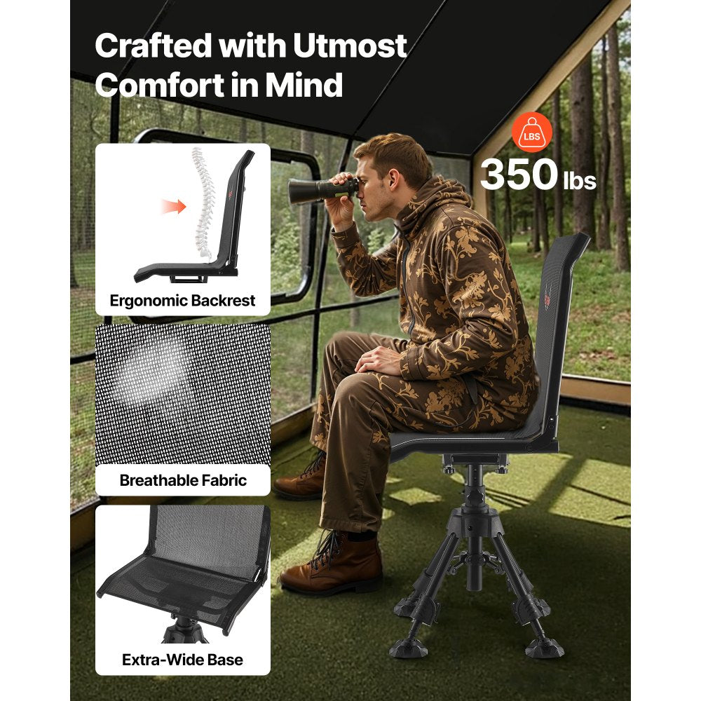 VEVOR Hunting Chair, 360° Silent Swivel, Foldable Portable Blind Chair, Heavy-Duty Steel Frame Ground Stool Seat with Anti-Sink Swivel Feet, Height Adjustable, 350 Lbs Capacity for Fishing Camping