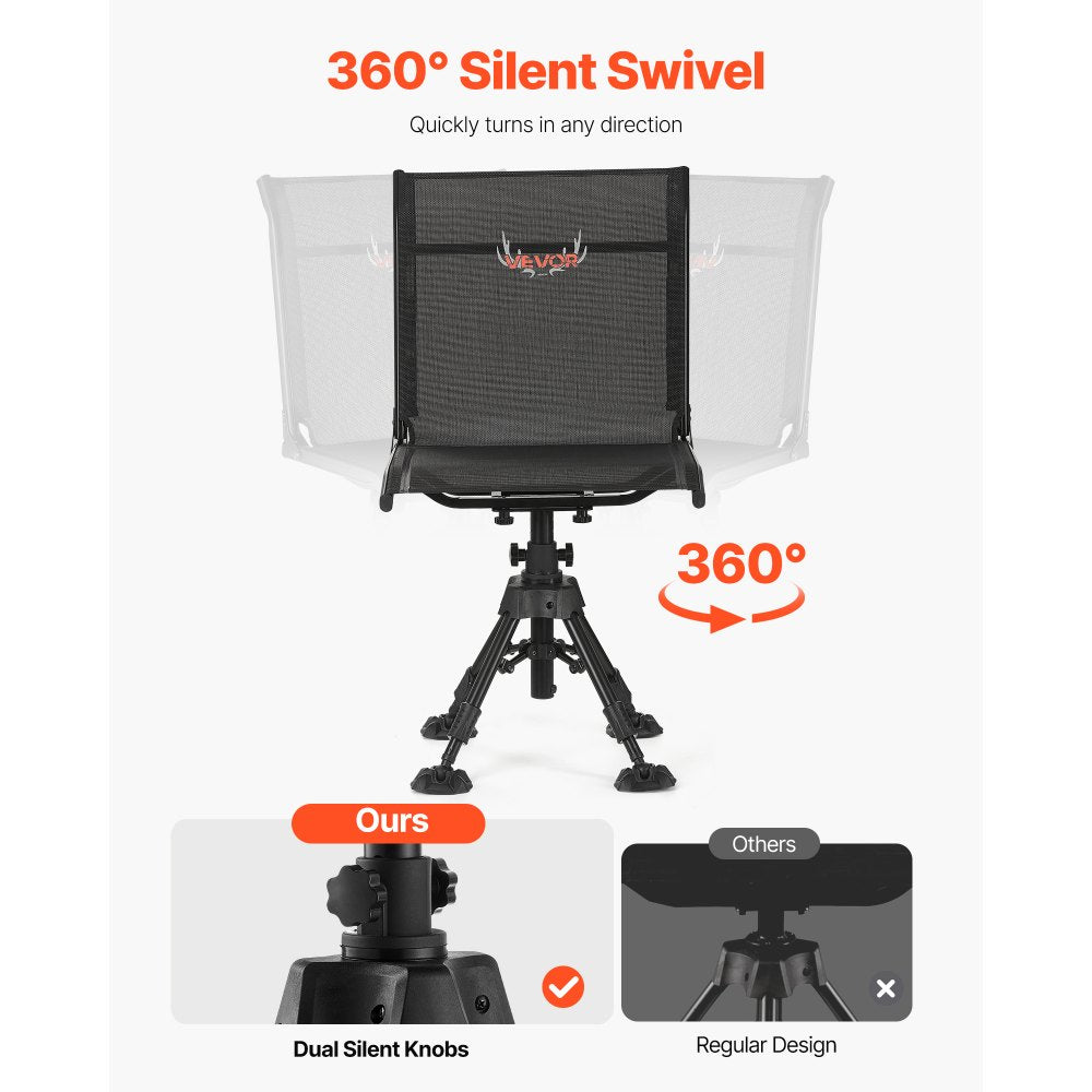 VEVOR Hunting Chair, 360° Silent Swivel, Foldable Portable Blind Chair, Heavy-Duty Steel Frame Ground Stool Seat with Anti-Sink Swivel Feet, Height Adjustable, 350 Lbs Capacity for Fishing Camping