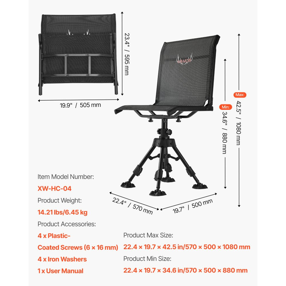 VEVOR Hunting Chair, 360° Silent Swivel, Foldable Portable Blind Chair, Heavy-Duty Steel Frame Ground Stool Seat with Anti-Sink Swivel Feet, Height Adjustable, 350 Lbs Capacity for Fishing Camping