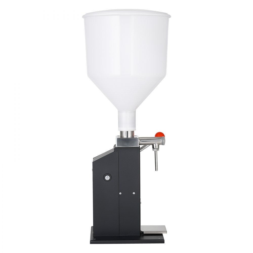 VEVOR Manual Filling Machine, 5-60 ml, 10 L Hopper, Paste Liquid Filler, for Water, Honey, Oil, Shampoo and Lotion, Anti-Drip Nozzle, Adjustable Bottle Stand, Carbon Steel Body, Effort-Saving Handle