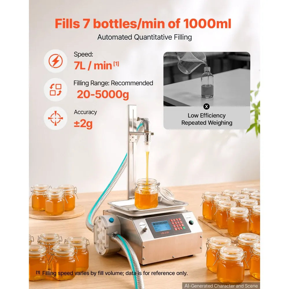 VEVOR Liquid Filling Machine, 20-5000g Recommend Automatic Bottle Filler, for Honey, Pear Syrup, Sesame Paste, Stainless Steel, Digital Weighing, Adjustable Stand, Memory Presets, Easy to Operate