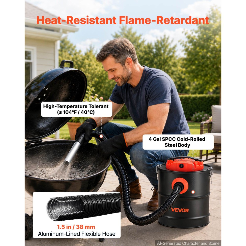 VEVOR Ash Vacuum 4 Gallon, 1200W Powerful Fireplace Cleaner Steel Body, for Fireplaces, Pellet Stoves, Wood Stoves, Fire Pits, Grills, Double Stage Filtration System, 4 FT Hose, Black & Orange