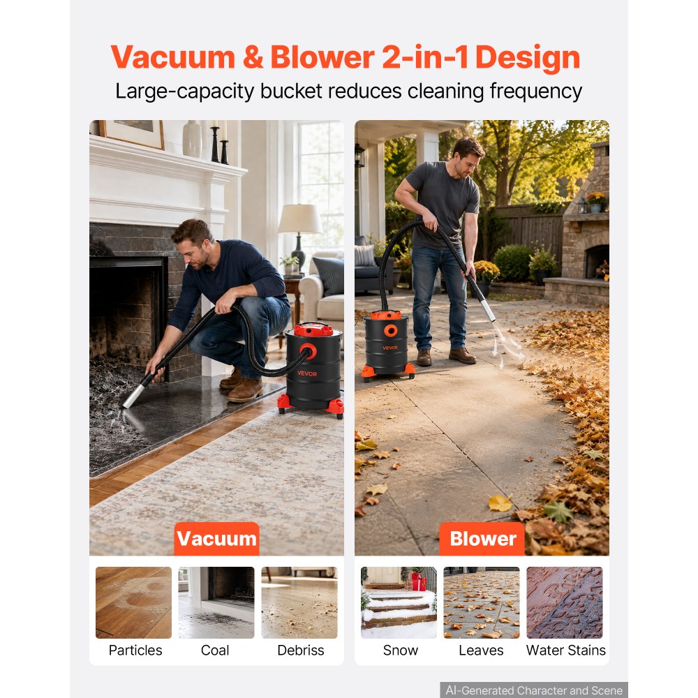 VEVOR Ash Vacuum 6 Gallon, 1200W Powerful Fireplace Cleaner with Casters, for Fireplaces, Pellet Stoves, Wood Stoves, Fire Pits, Grills, Steel Body, Double Stage Filtration, 5 FT Hose, Black & Orange