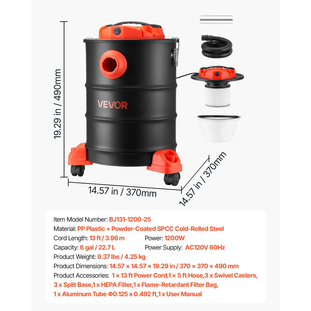 VEVOR Ash Vacuum 6 Gallon, 1200W Powerful Fireplace Cleaner with Casters, for Fireplaces, Pellet Stoves, Wood Stoves, Fire Pits, Grills, Steel Body, Double Stage Filtration, 5 FT Hose, Black & Orange