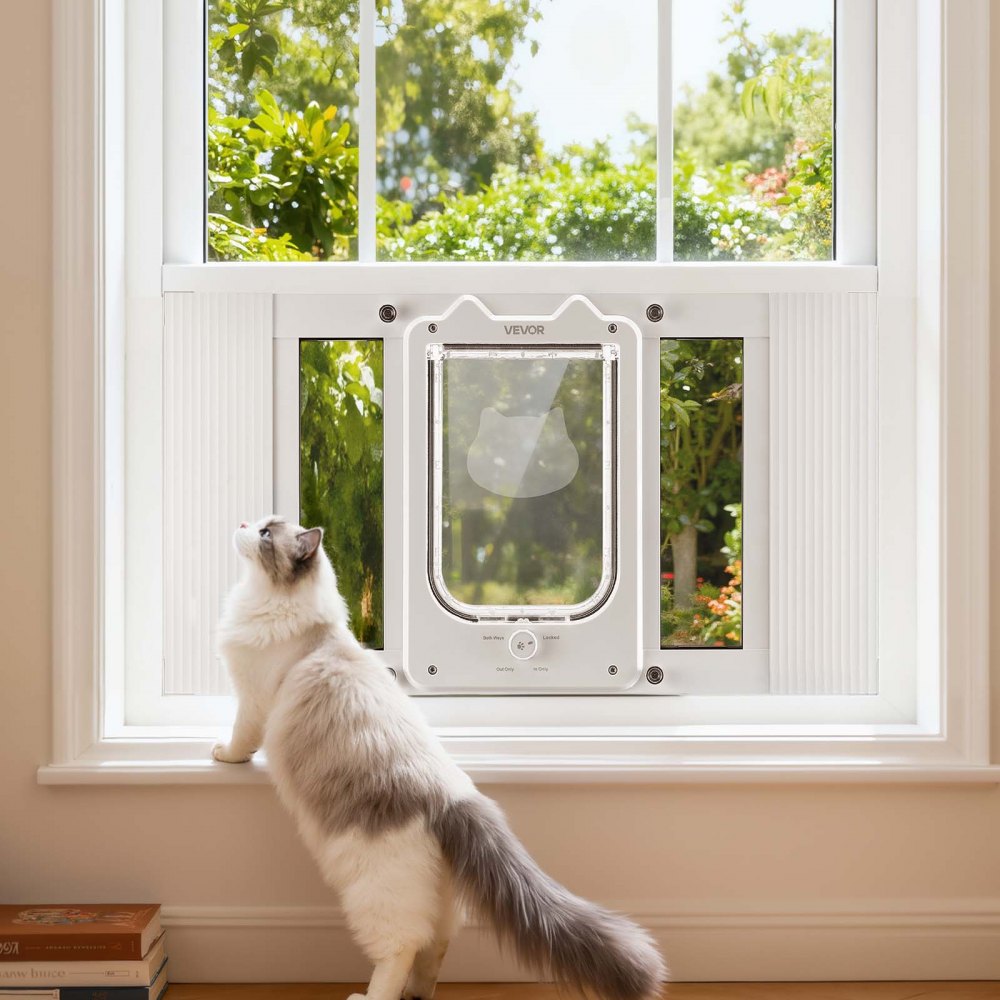 VEVOR Cat Door for Window, Adjustable to Fit Window Width 23"-28", 4 Secure Lock Modes, Aluminum Frame and High-Transparency Glass, Magnetic Closure, Weatherproof Quick-Fit Pet Door for Cats, White