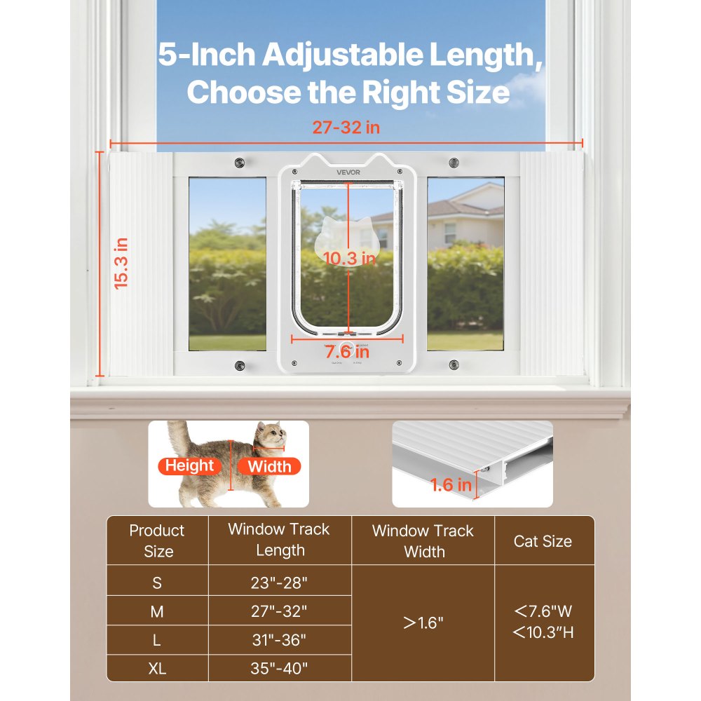 VEVOR Cat Door for Window, Adjustable to Fit Window Width 27"-32", 4 Secure Lock Modes, Aluminum Frame and High-Transparency Glass, Magnetic Closure, Weatherproof Quick-Fit Pet Door for Cats, White