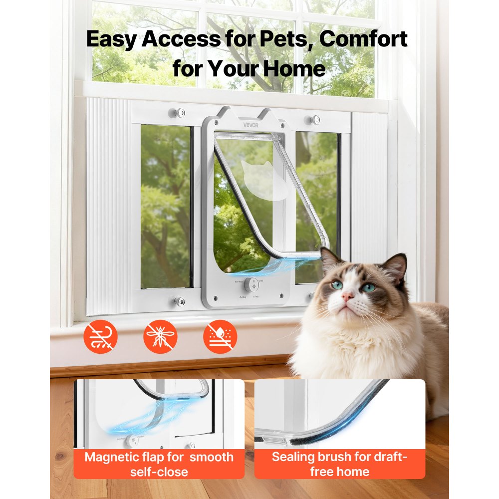 VEVOR Cat Door for Window, Adjustable to Fit Window Width 27"-32", 4 Secure Lock Modes, Aluminum Frame and High-Transparency Glass, Magnetic Closure, Weatherproof Quick-Fit Pet Door for Cats, White