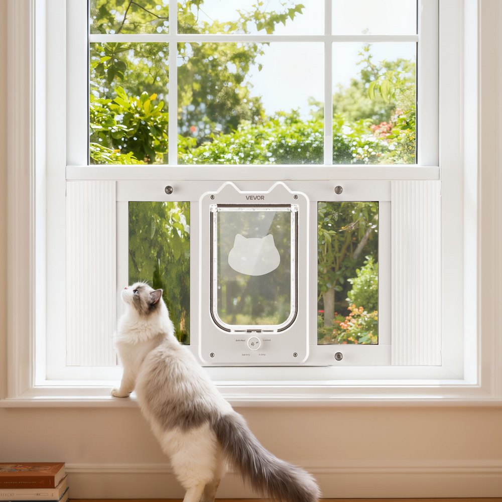 VEVOR Cat Door for Window, Adjustable to Fit Window Width 27"-32", 4 Secure Lock Modes, Aluminum Frame and High-Transparency Glass, Magnetic Closure, Weatherproof Quick-Fit Pet Door for Cats, White
