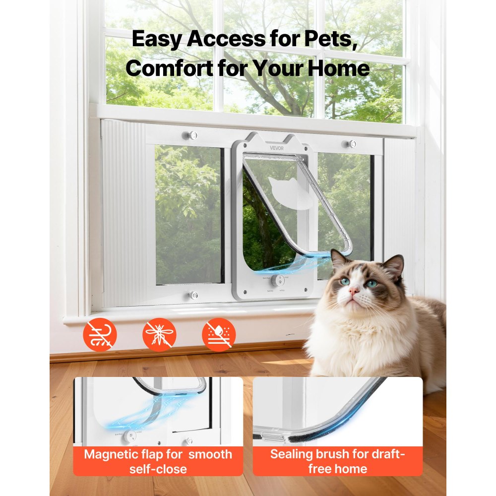 VEVOR Cat Door for Window, Adjustable to Fit Window Width 31"-36", 4 Secure Lock Modes, Aluminum Frame and High-Transparency Glass, Magnetic Closure, Weatherproof Quick-Fit Pet Door for Cats, White