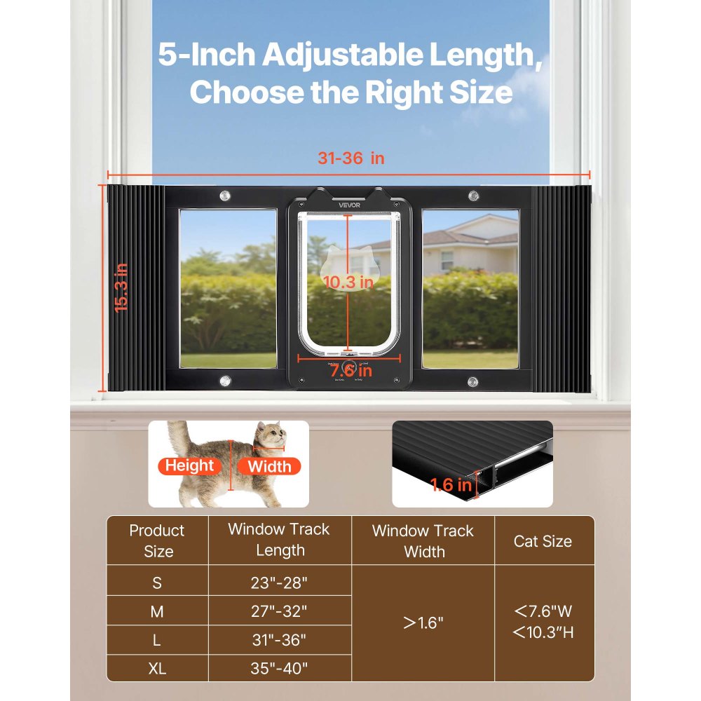 VEVOR Cat Door for Window, Adjustable to Fit Window Width 31"-36", 4 Secure Lock Modes, Aluminum Frame and High-Transparency Glass, Magnetic Closure, Weatherproof Quick-Fit Pet Door for Cats, Black