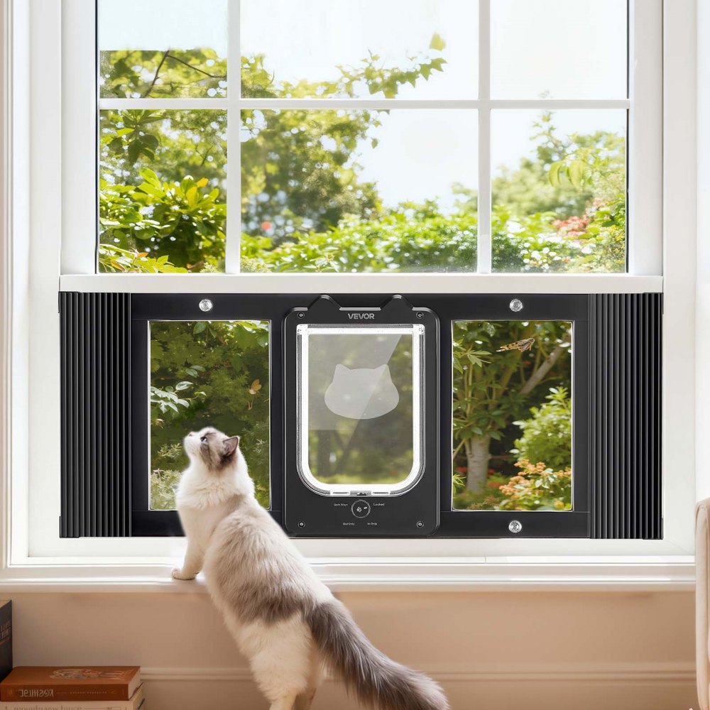 VEVOR Cat Door for Window, Adjustable to Fit Window Width 31"-36", 4 Secure Lock Modes, Aluminum Frame and High-Transparency Glass, Magnetic Closure, Weatherproof Quick-Fit Pet Door for Cats, Black