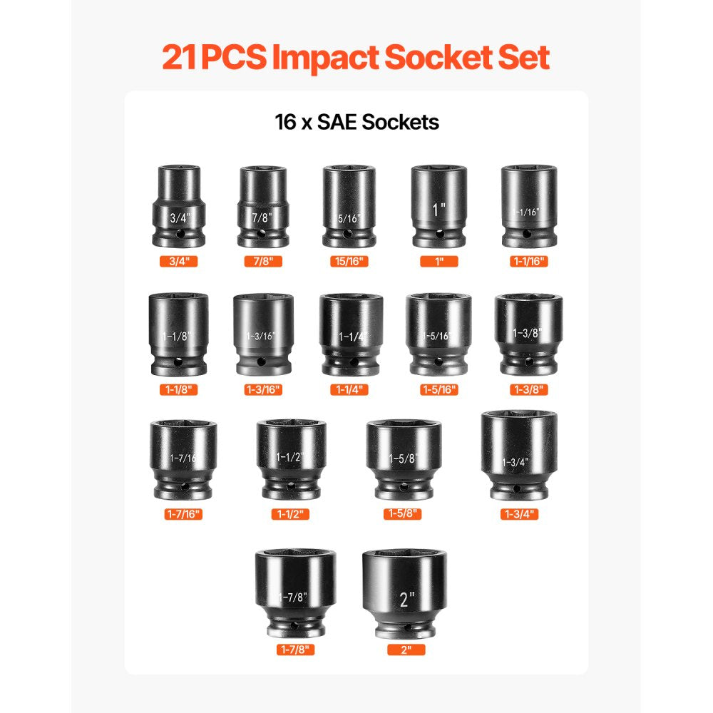 VEVOR 3/4 in Drive Impact Socket Set, 21 Pieces SAE 3/4 in to 2 in, 6 Point Cr-V Alloy Steel for Auto Repair, Easy-to-Read Size Markings, Includes Extension Bars, Ratchet Handle and Storage Case