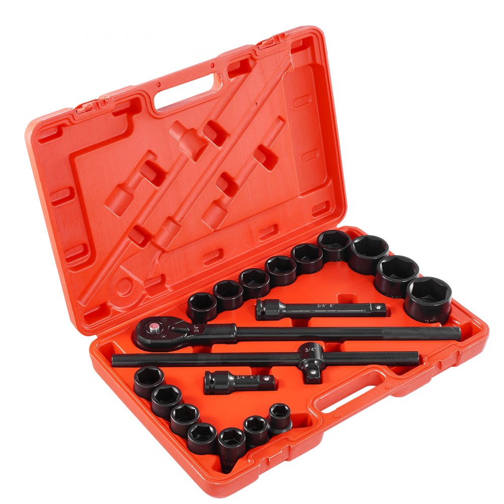 VEVOR 3/4 in Drive Impact Socket Set, 21 Pieces SAE 3/4 in to 2 in, 6 Point Cr-V Alloy Steel for Auto Repair, Easy-to-Read Size Markings, Includes Extension Bars, Ratchet Handle and Storage Case