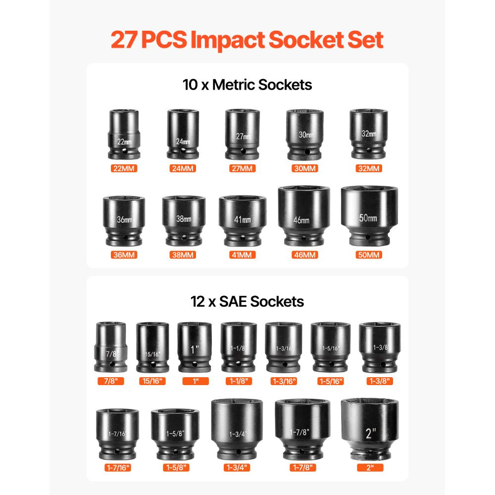 VEVOR 3/4 in Drive Impact Socket Set, 27 Pieces SAE 7/8 in to 2 in and Metric 22 mm to 50 mm, 6 Point Cr-V Alloy Steel for Auto Repair, Includes Extension Bars, Ratchet Handle and Storage Case