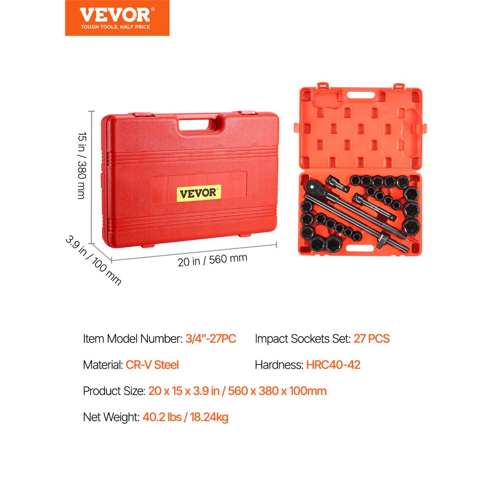 VEVOR 3/4 in Drive Impact Socket Set, 27 Pieces SAE 7/8 in to 2 in and Metric 22 mm to 50 mm, 6 Point Cr-V Alloy Steel for Auto Repair, Includes Extension Bars, Ratchet Handle and Storage Case