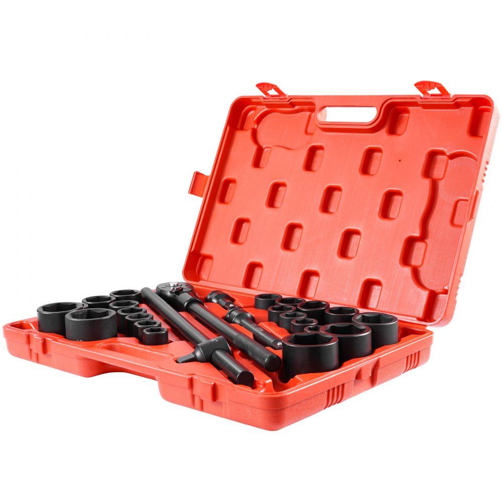 VEVOR 3/4 in Drive Impact Socket Set, 27 Pieces SAE 7/8 in to 2 in and Metric 22 mm to 50 mm, 6 Point Cr-V Alloy Steel for Auto Repair, Includes Extension Bars, Ratchet Handle and Storage Case