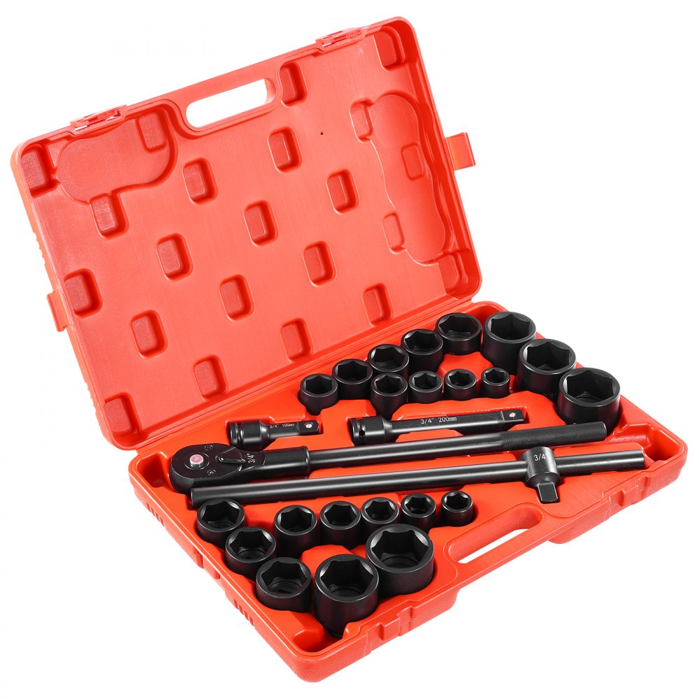 VEVOR 3/4 in Drive Impact Socket Set, 27 Pieces SAE 7/8 in to 2 in and Metric 22 mm to 50 mm, 6 Point Cr-V Alloy Steel for Auto Repair, Includes Extension Bars, Ratchet Handle and Storage Case